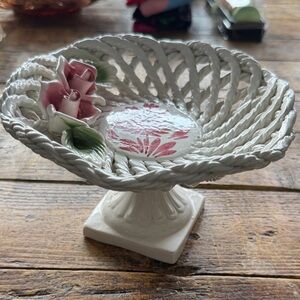 Vintage Italian Capodimonte White  Ceramic Basket Bowl with Pink Roses-